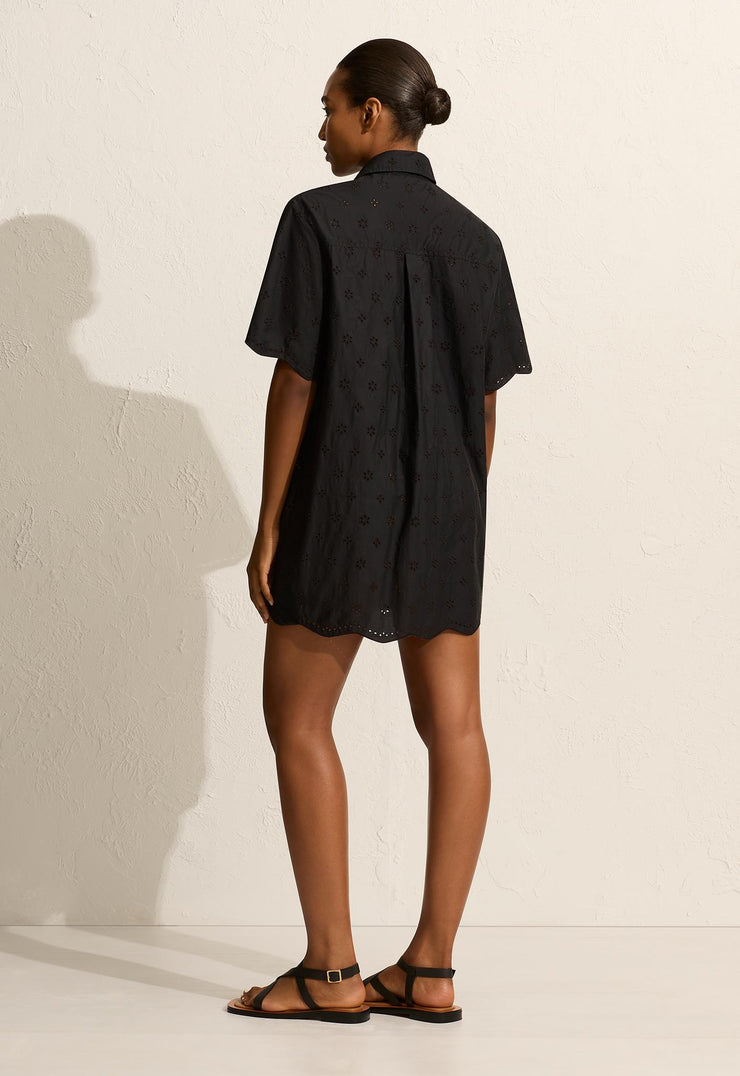 Broderie Mini Shirt Dress - Floral Broderie (Black) - Matteau
