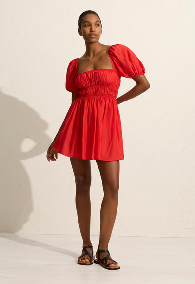 Shirred Peasant Mini Dress - Rosso - Matteau