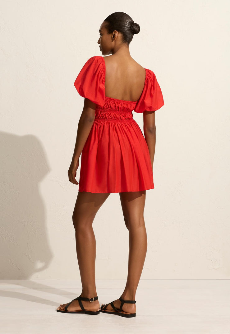 Shirred Peasant Mini Dress - Rosso - Matteau