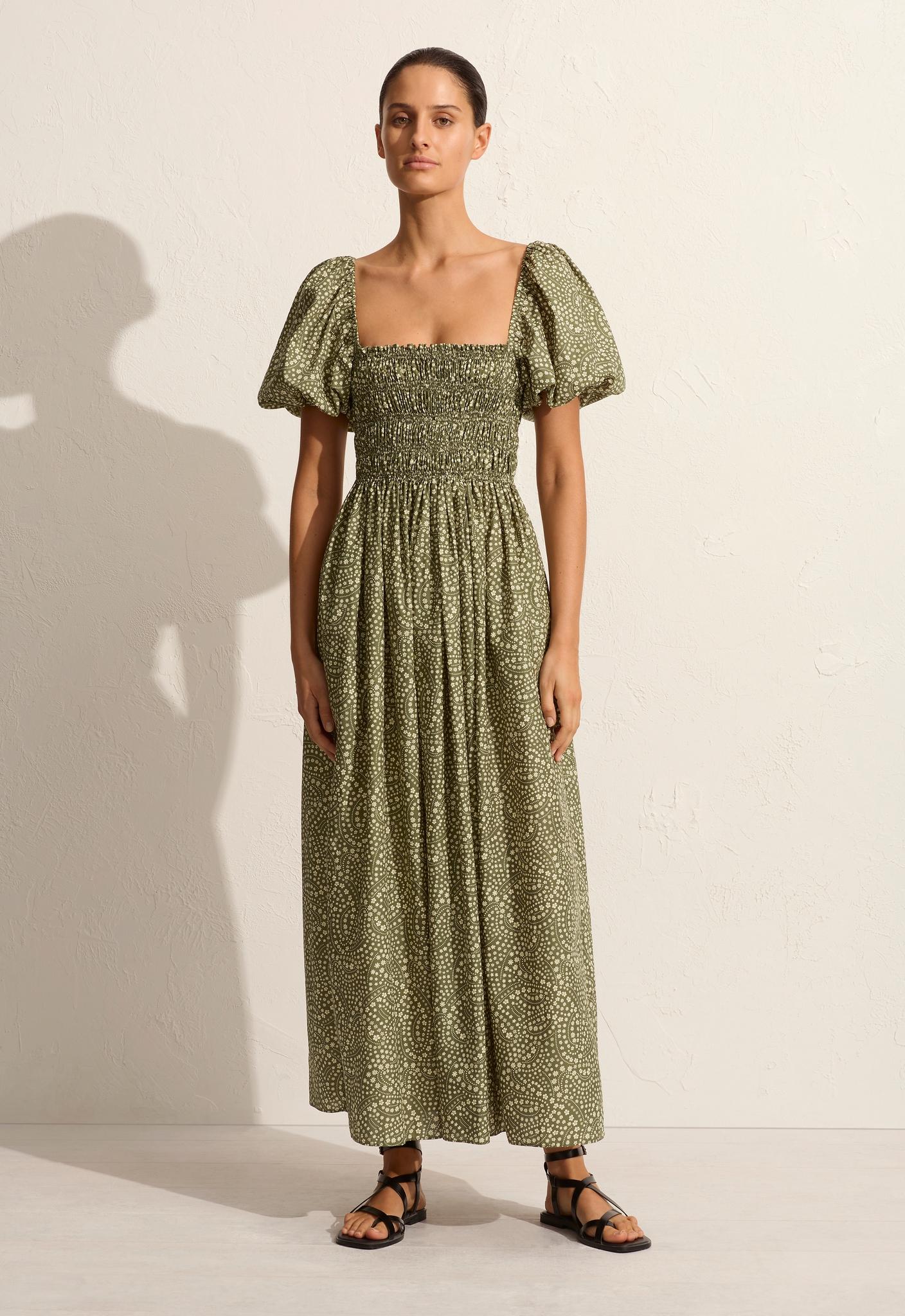 Shirred Bodice Peasant Dress - Jasmine (Olive) - Matteau