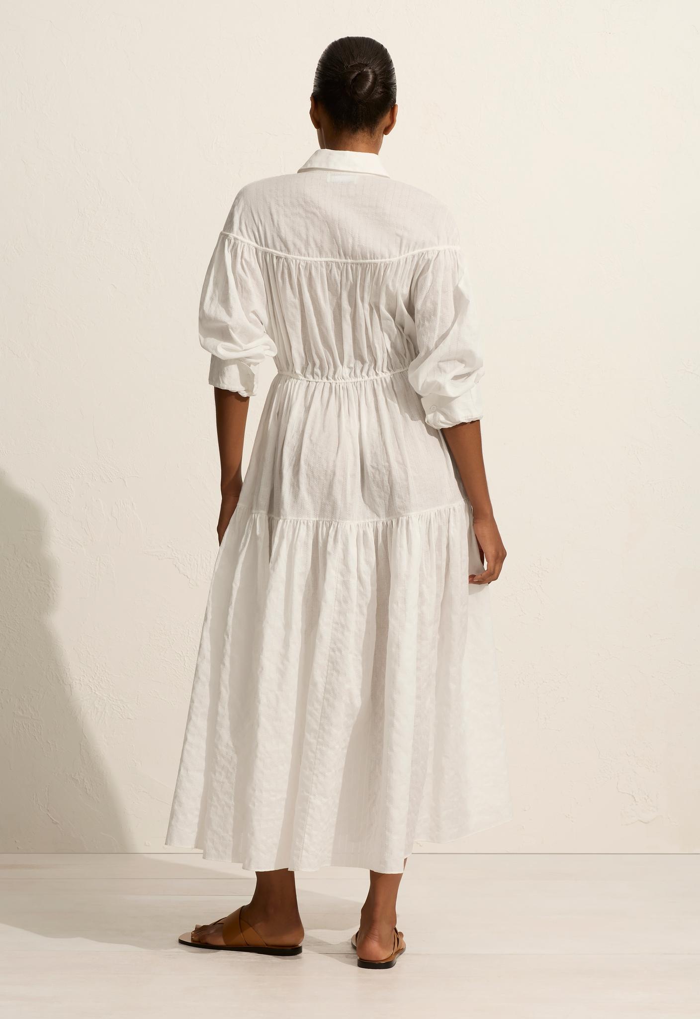 Embroidered Tiered Drawcord Dress - White - Matteau