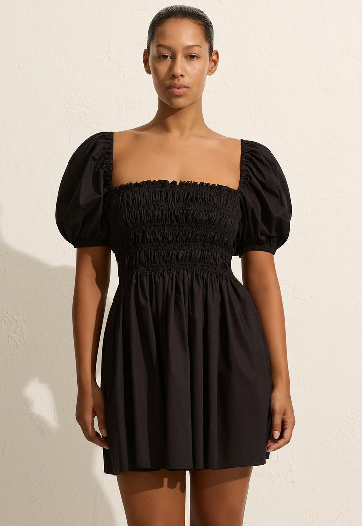 Shirred Peasant Mini Dress - Black - Matteau