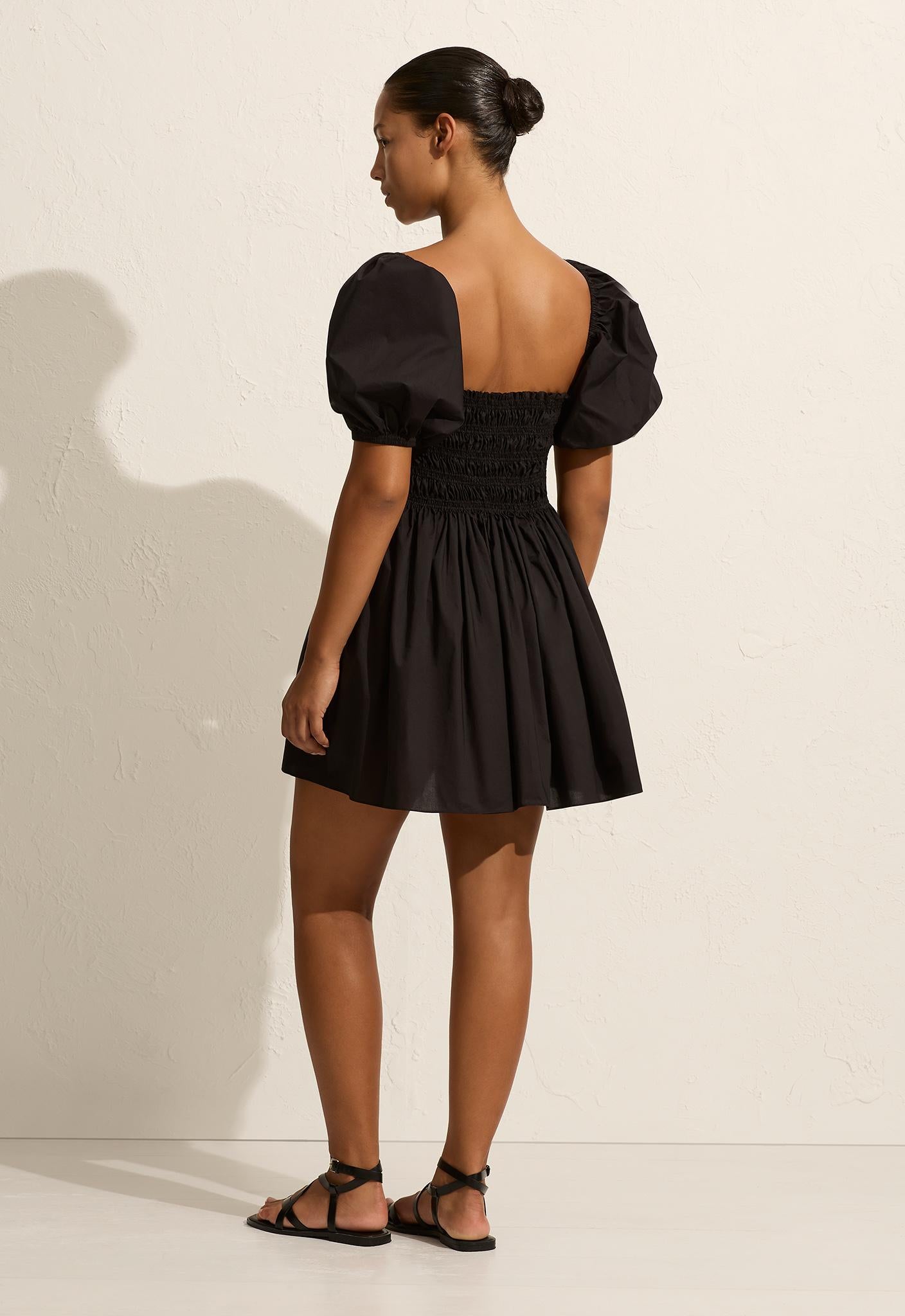 Shirred Peasant Mini Dress - Black - Matteau