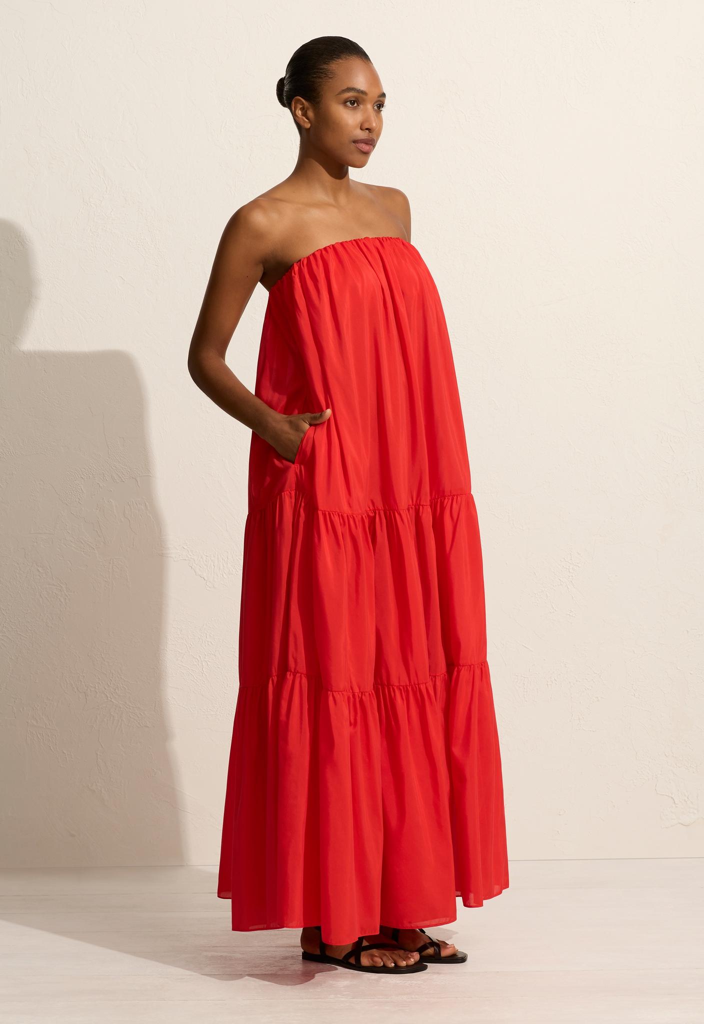 Voluminous Strapless Tiered Dress - Rosso - Matteau