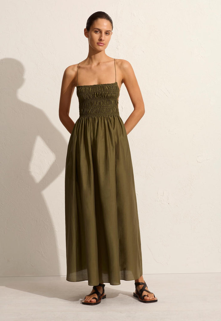 Shirred Lace Up Dress - Olive - Matteau