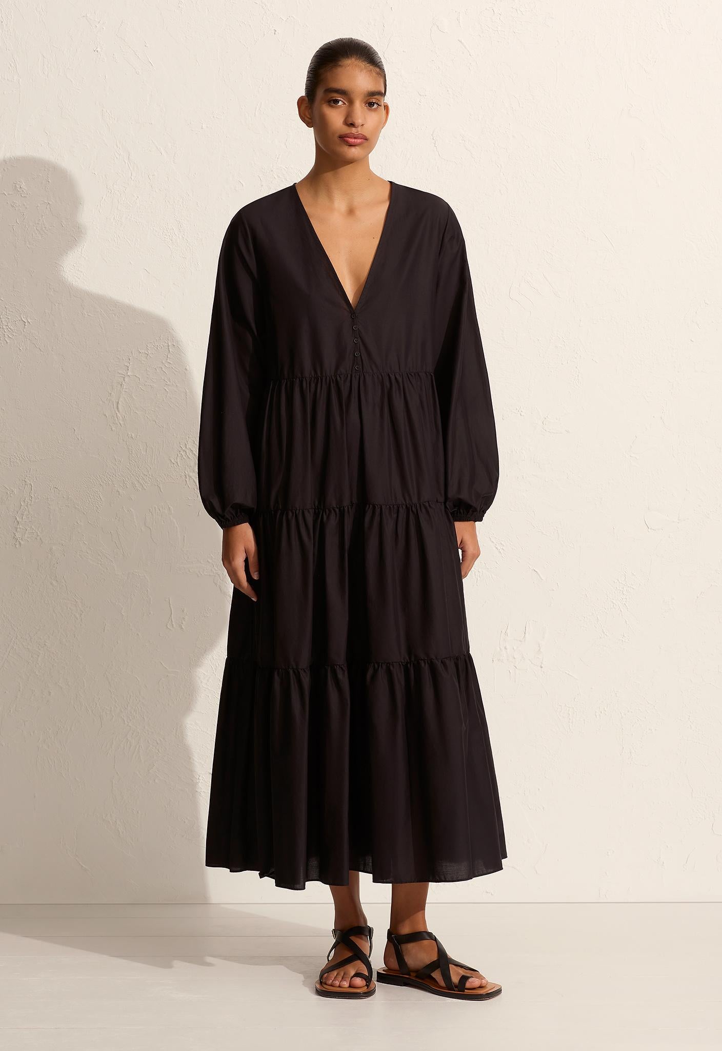Long Sleeve Plunge Dress - Black - Matteau