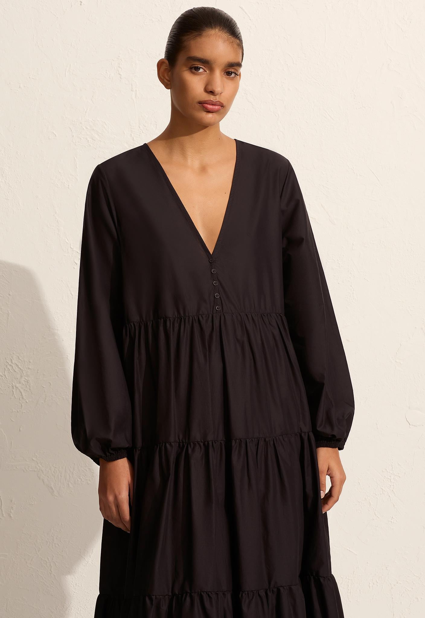 Long Sleeve Plunge Dress - Black - Matteau