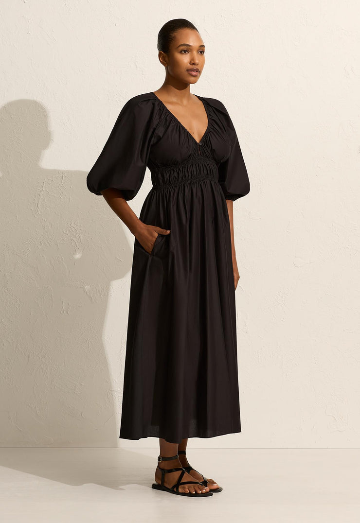 Shirred Plunge Button Dress - Black - Matteau