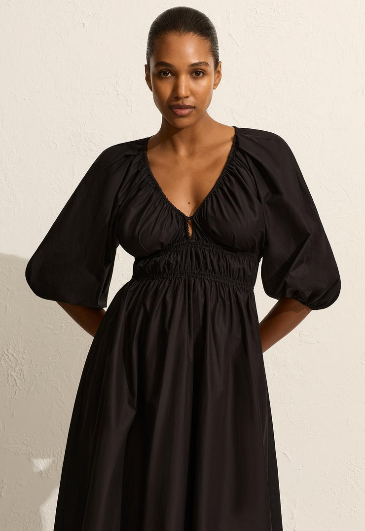 Shirred Plunge Button Dress - Black - Matteau