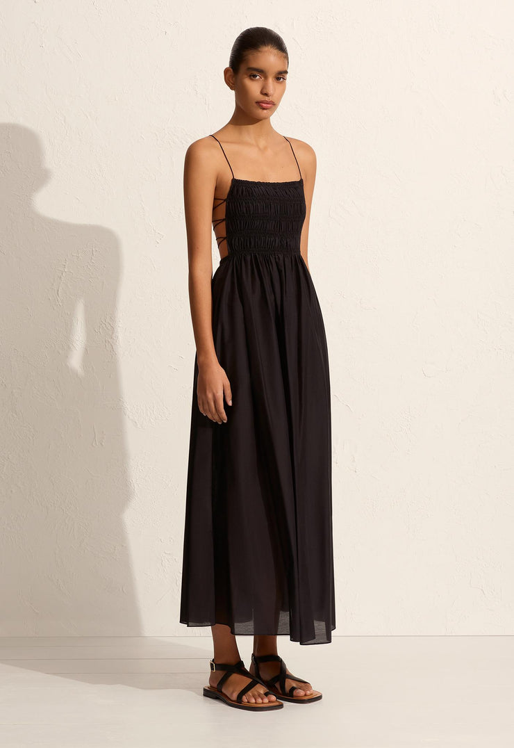 Shirred Lace Up Dress - Black - Matteau