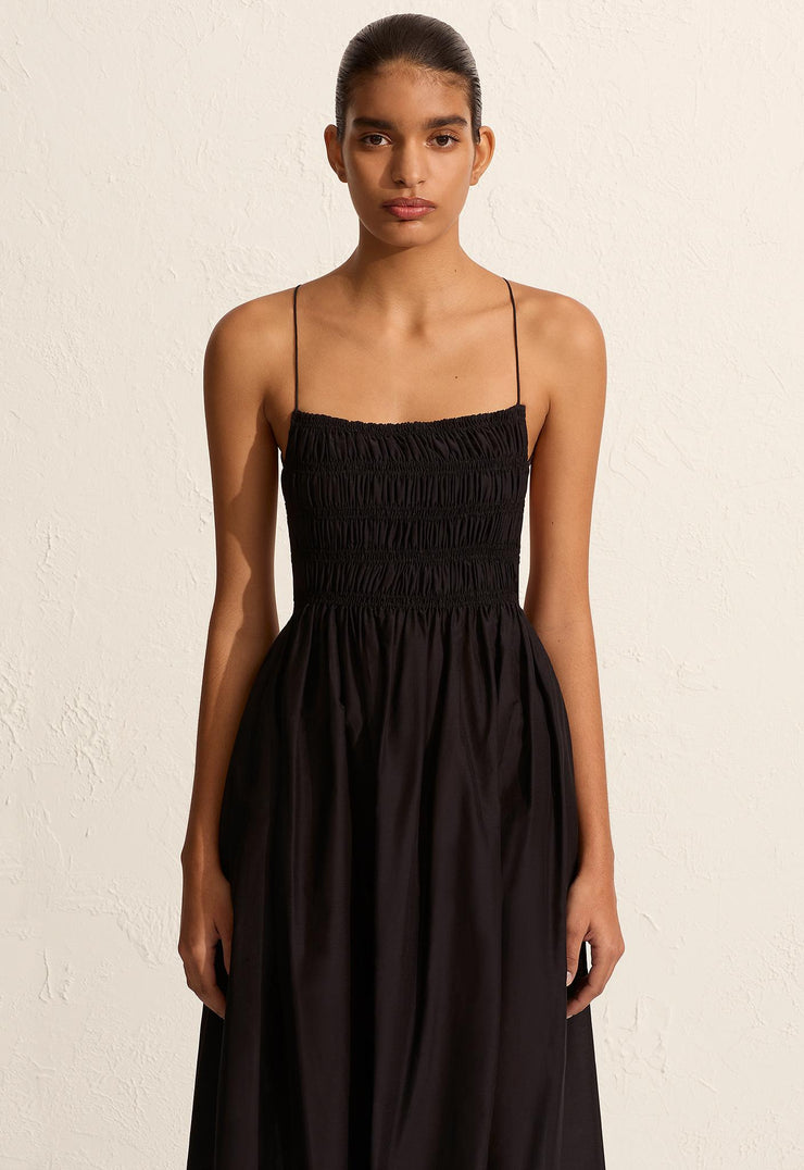 Shirred Lace Up Dress - Black - Matteau