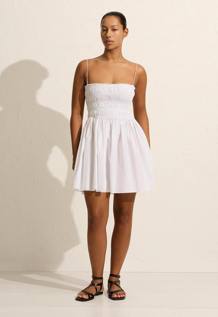 Shirred Bodice Mini Dress - White - Matteau