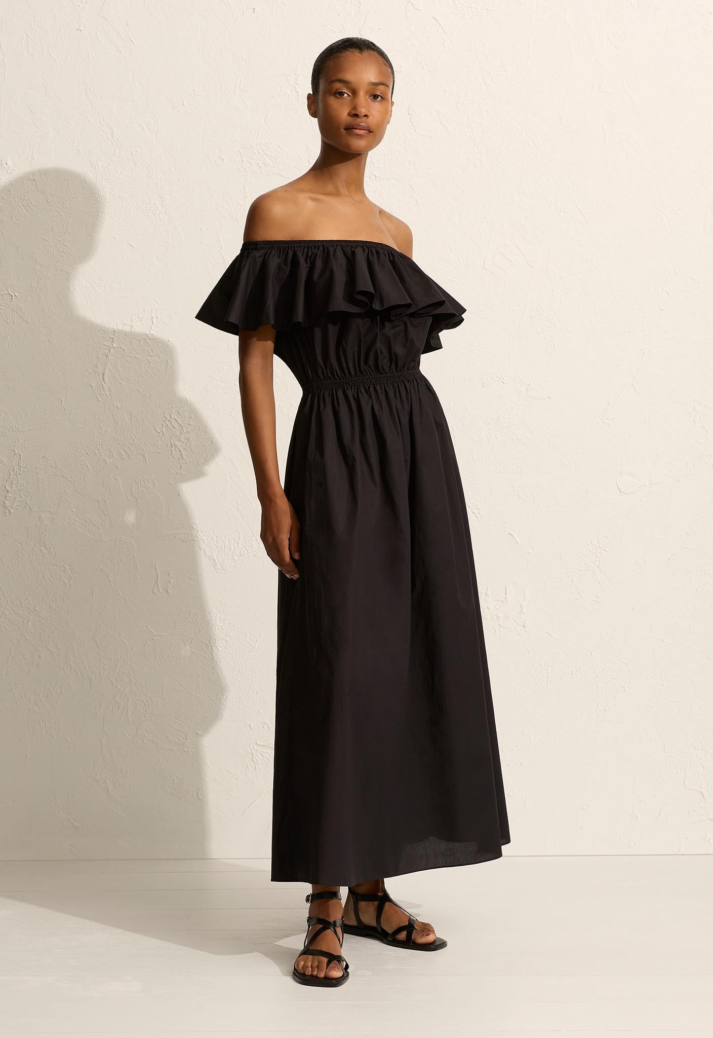 Off The Shoulder Ruffle Dress - Black - Matteau