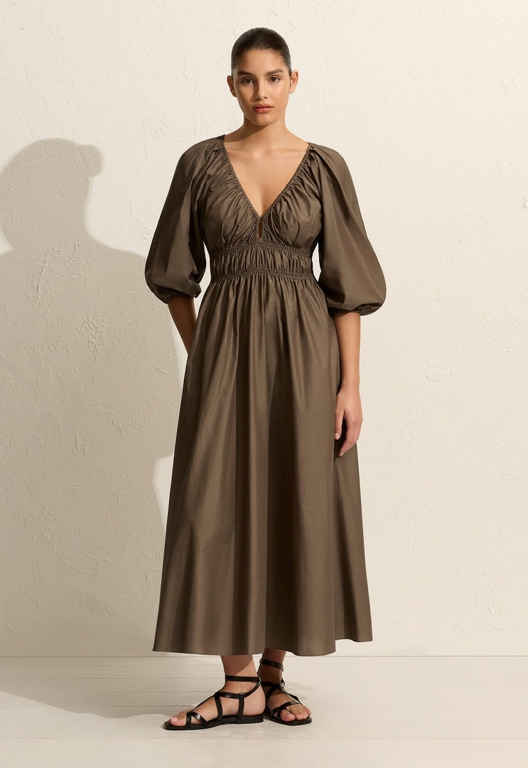 Shirred Plunge Button Dress - Birch - Matteau