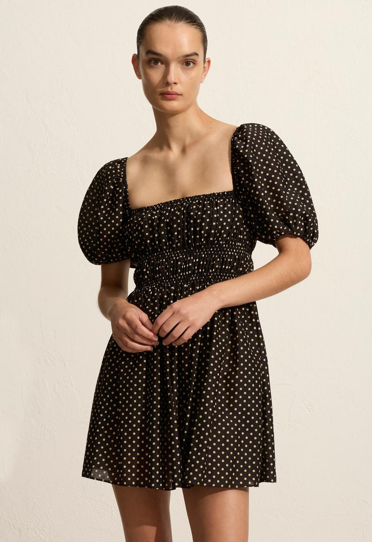 Shirred Peasant Mini Dress - Polka Dot - Matteau
