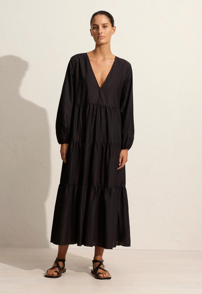 Long Sleeve Tiered Dress - Black - Matteau