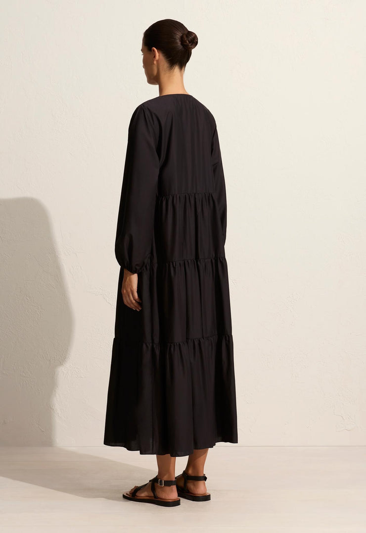 Long Sleeve Tiered Sundress - Black - Matteau