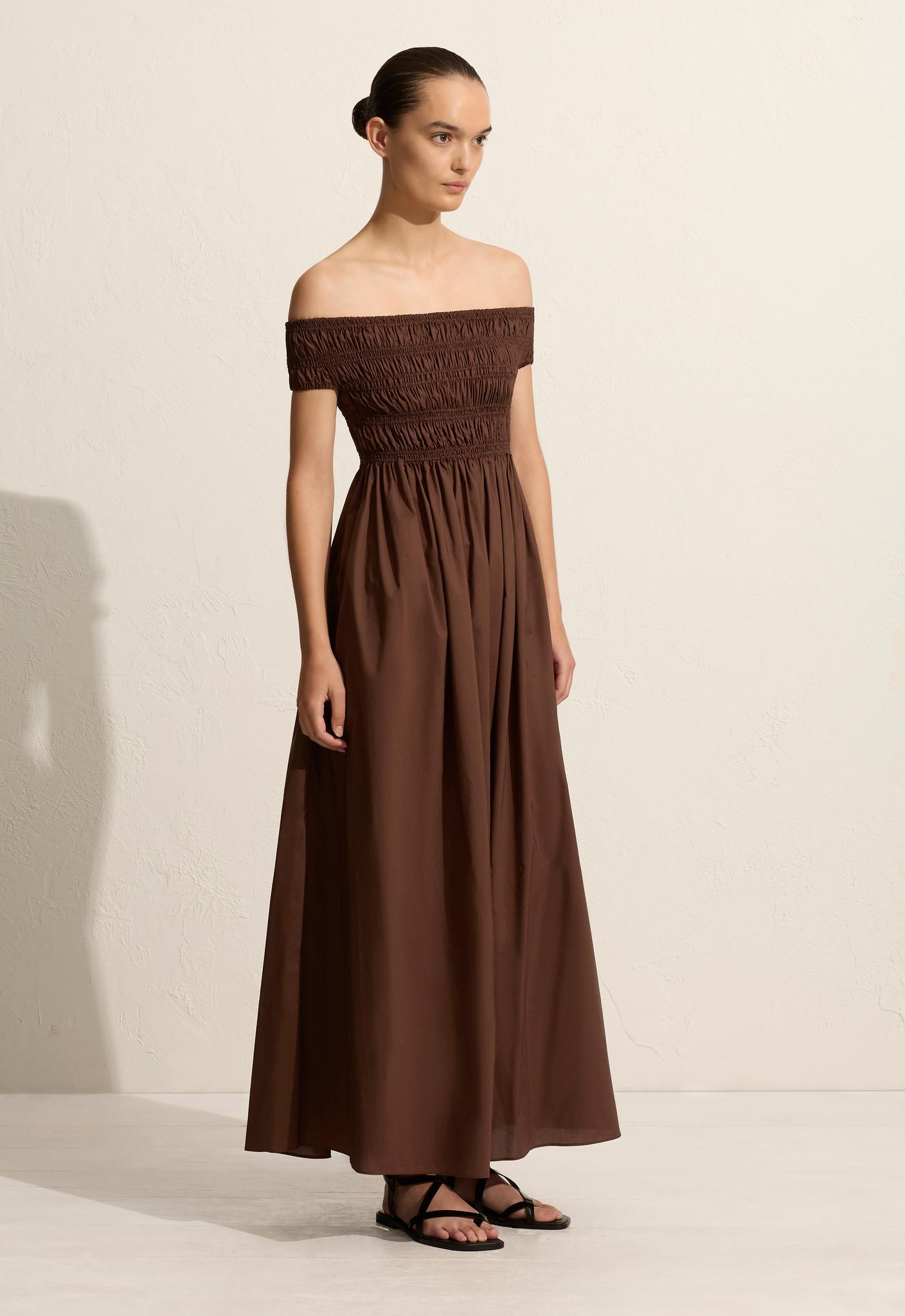 Shirred Off The Shoulder Dress - Sable - Matteau