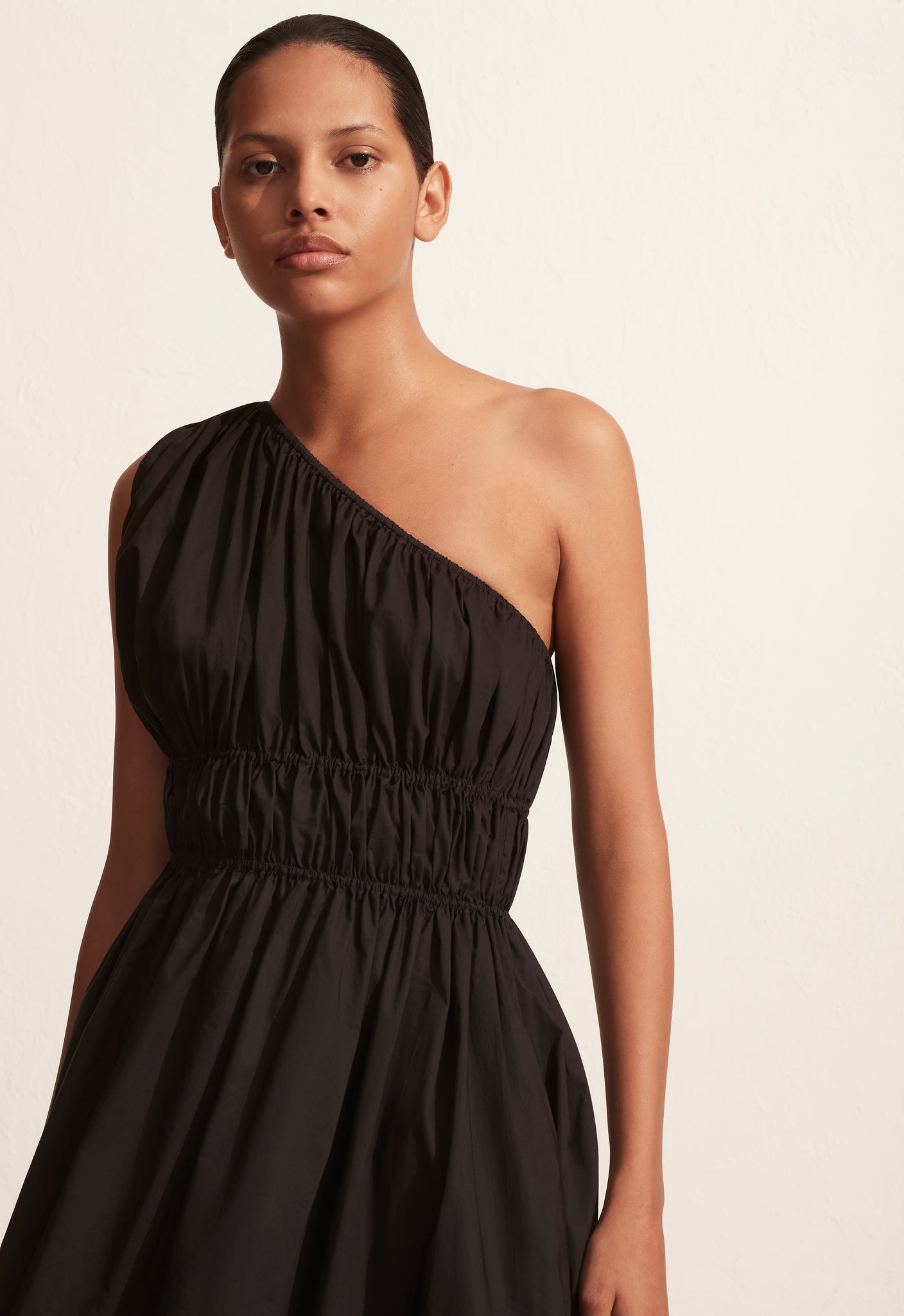 Shirred One Shoulder Mini Dress - Black - Matteau