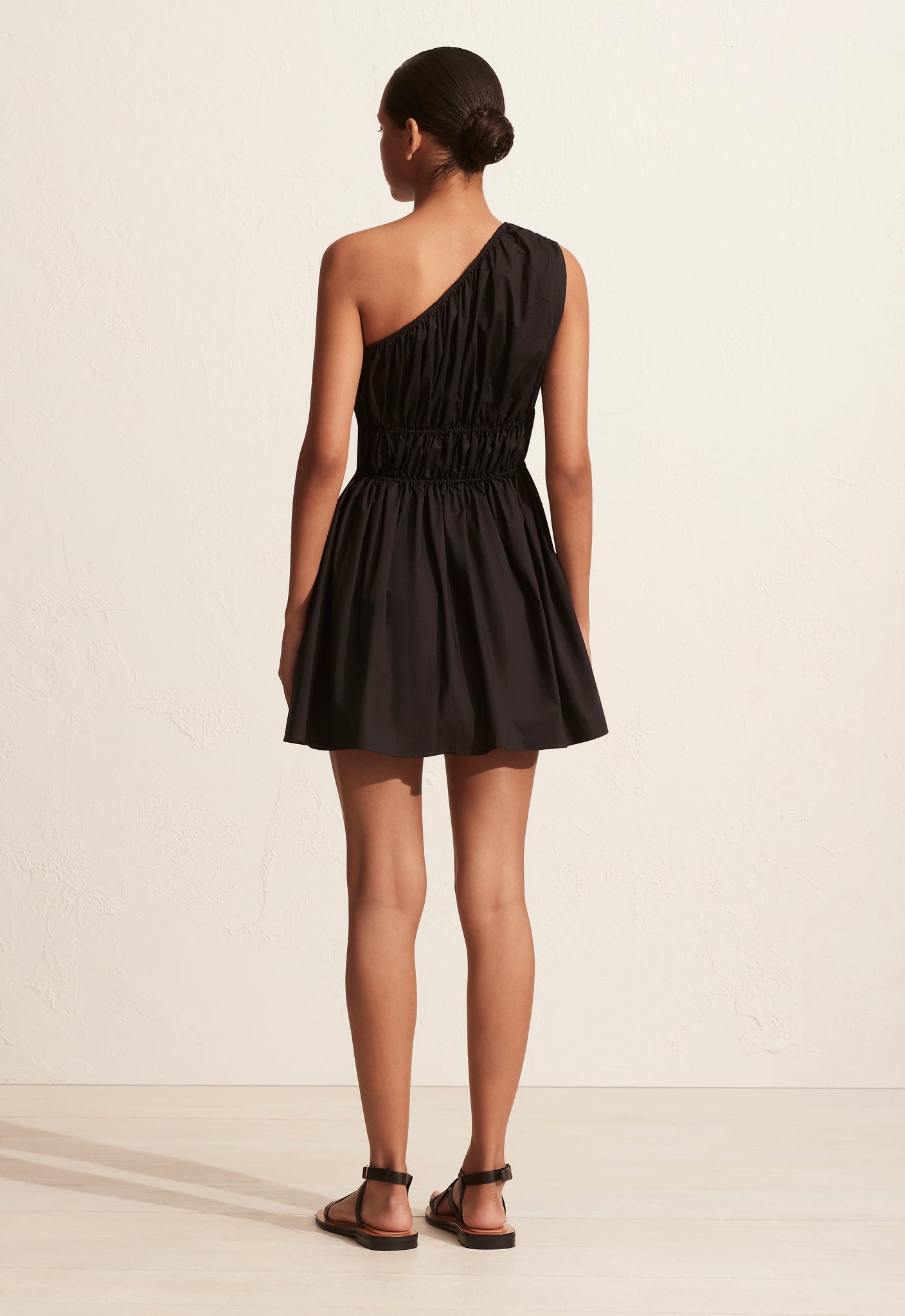 Shirred One Shoulder Mini Dress - Black - Matteau